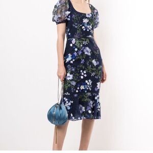 MARCHESA NOTTE 3D Floral Embroidered Cocktail Dress Blue Size 10 event dress